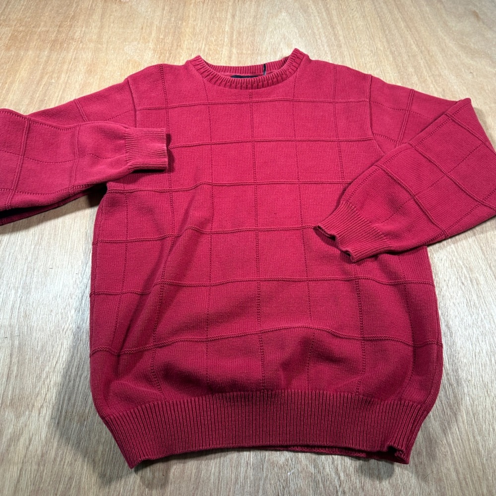 Bill Blass Sweater Mens Medium Red Grid Pattern Cotton Blend Crewneck